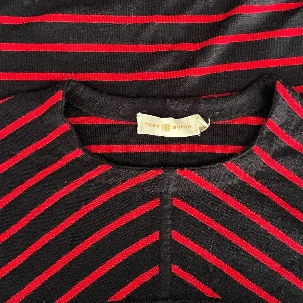 TORY BURCH Seraphina Tunic Sweater Navy Blue Red Striped Merino Wool Size S